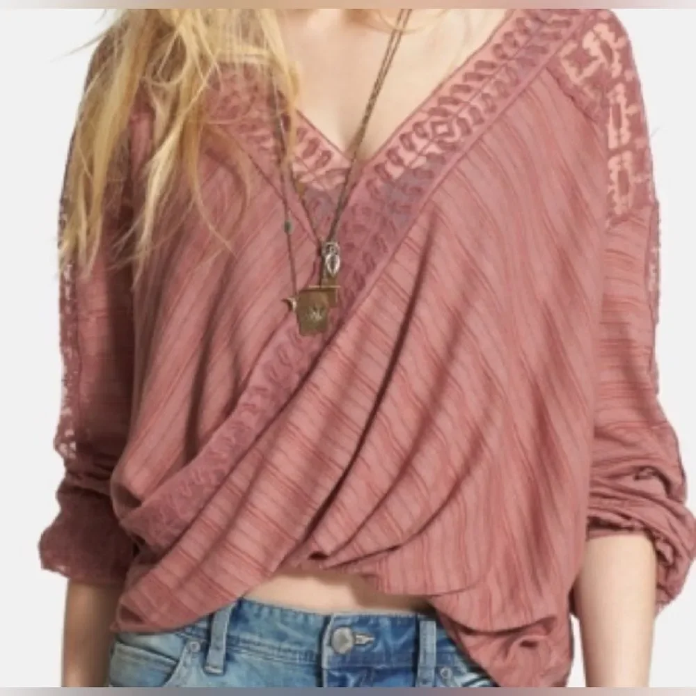 Free People Valley City Lace Mesh Panel Rose Top S